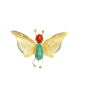 Butterfly Gemstone Gold Filled Scarab Brooch Pin. Engraved Checkered Wings 2"